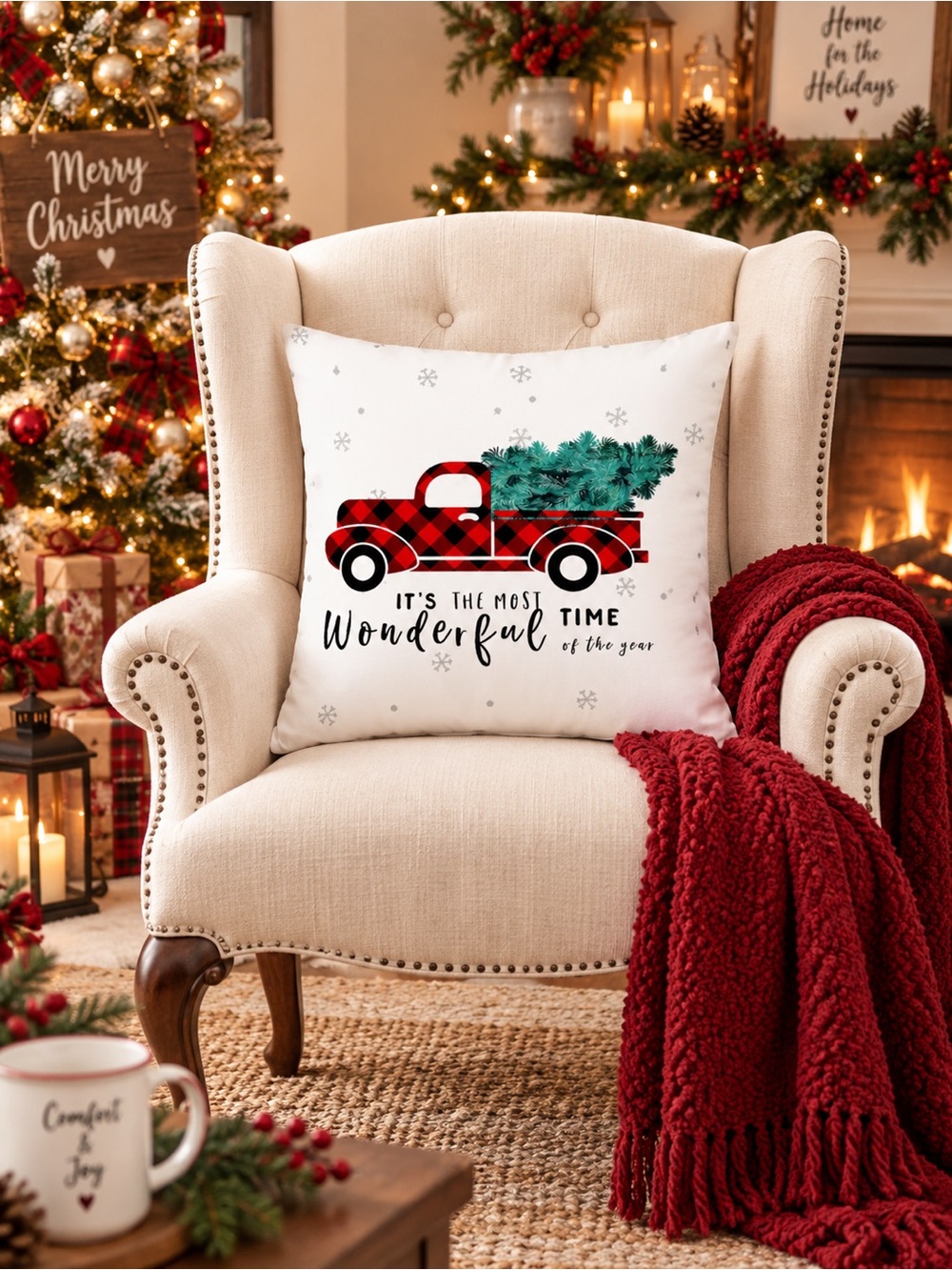 The Eleanor Collection Christmas Buffalo Plaid Truck Pillow Cover 17x17 NWT
